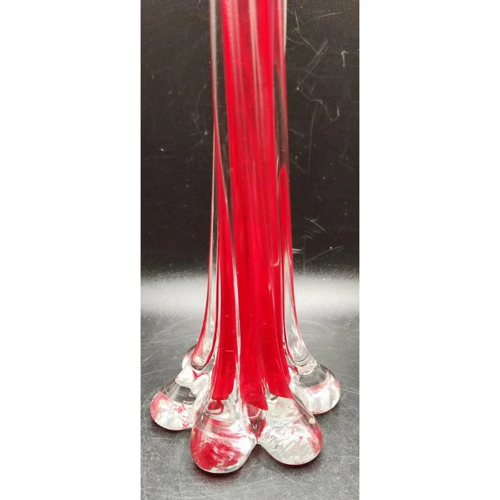 Vintage Bud Vase Elephant Foot Ruby Red Cased Twisted Art Glass 9.75